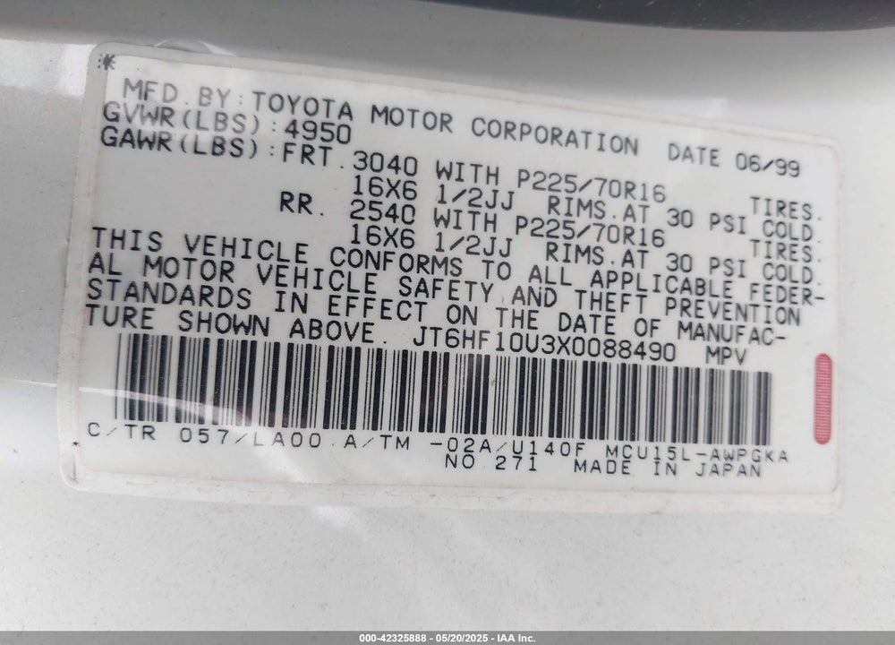 1999 LEXUS RX 300 VIN: JT6HF10U3X0088490