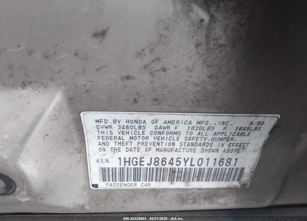 2000 HONDA CIVIC EX VIN: 1HGEJ8645YL011681