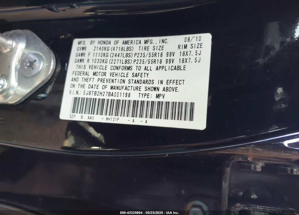 2011 ACURA RDX VIN: 5J8TB2H27BA001198