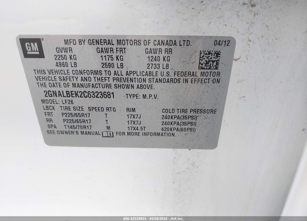 2012 CHEVROLET EQUINOX VIN: 2GNALBEK2C6323681
