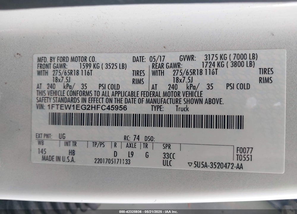 2017 FORD F-150 VIN: 1FTEW1EG2HFC45956