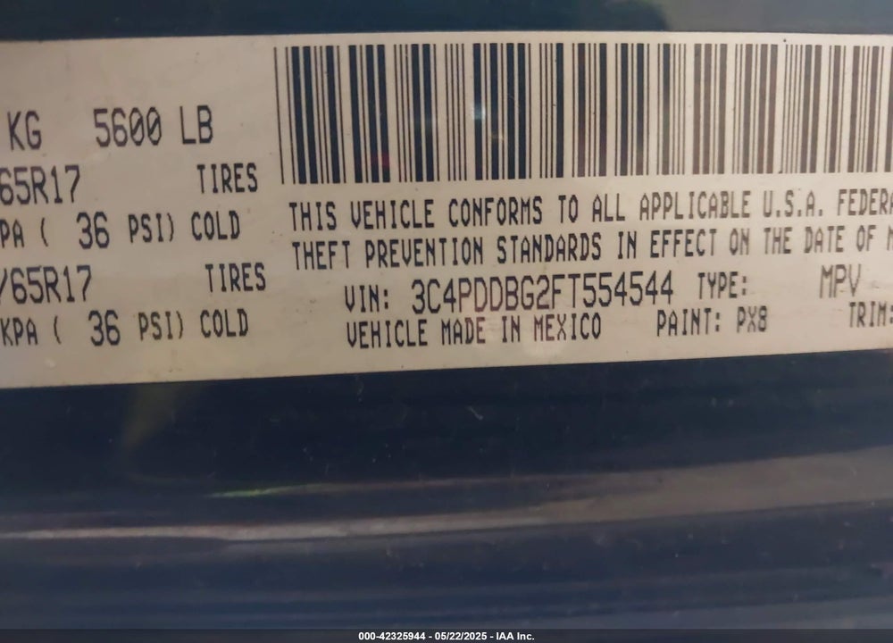2015 DODGE JOURNEY VIN: 3C4PDDBG2FT554544
