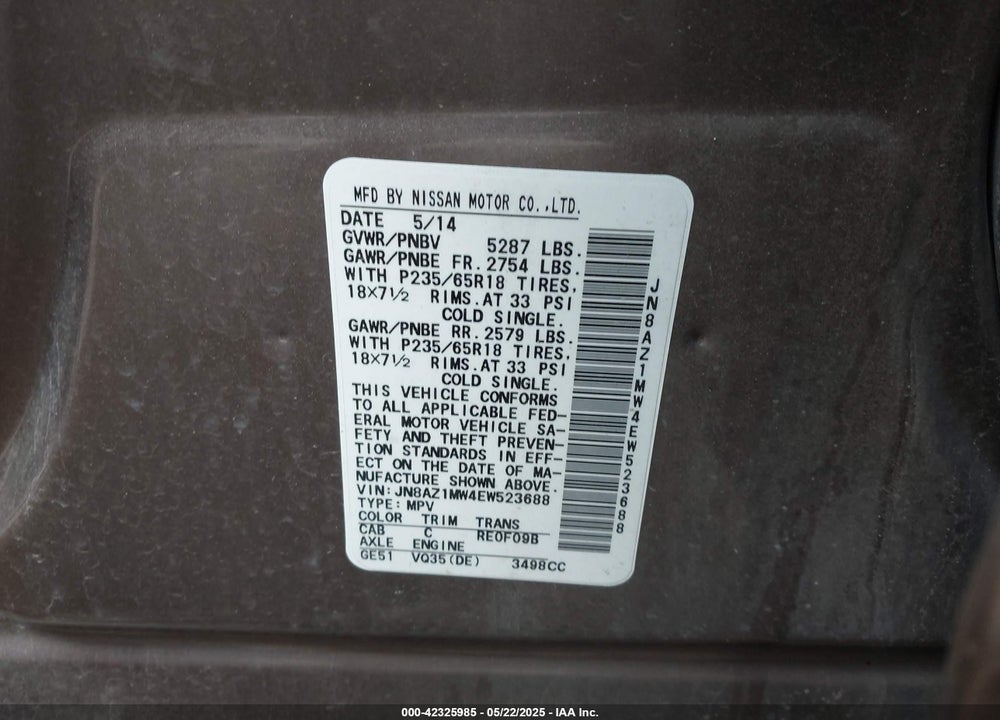2014 NISSAN MURANO SL VIN: JN8AZ1MW4EW523688