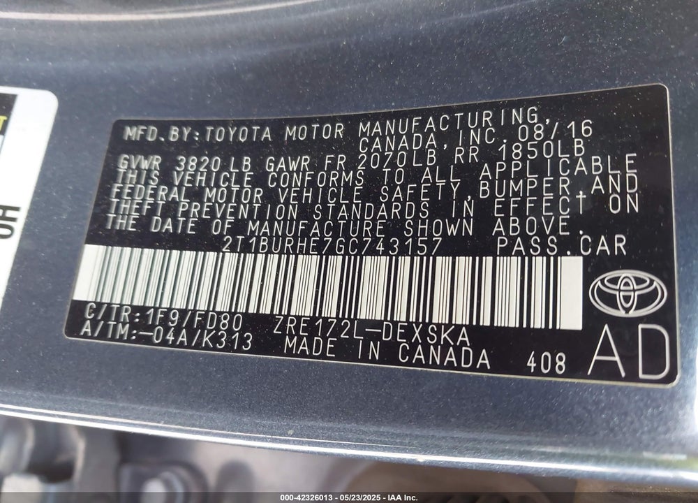 2016 TOYOTA COROLLA S PLUS VIN: 2T1BURHE7GC743157