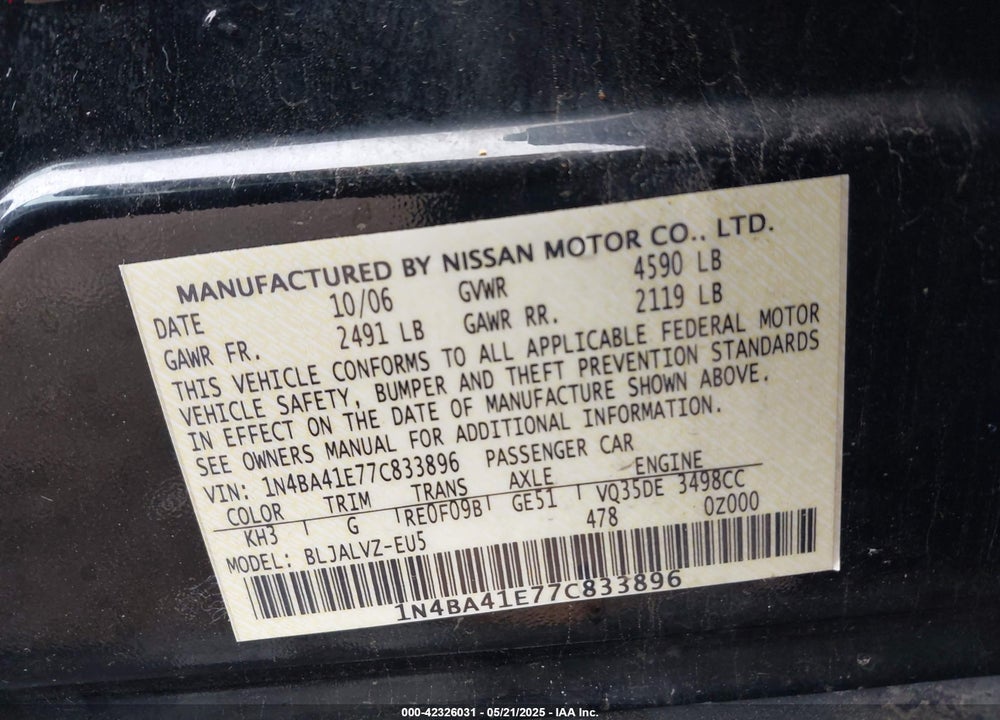 2007 NISSAN MAXIMA 3.5 SE VIN: 1N4BA41E77C833896