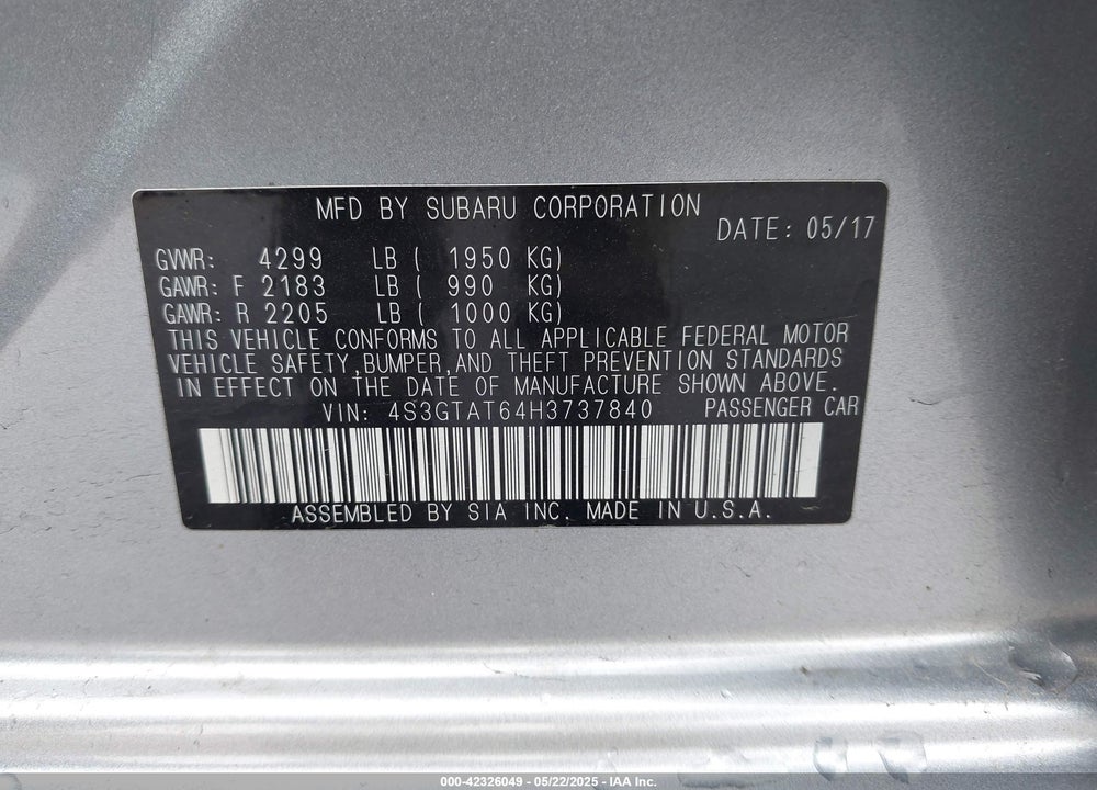 2017 SUBARU IMPREZA VIN: 4S3GTAT64H3737840