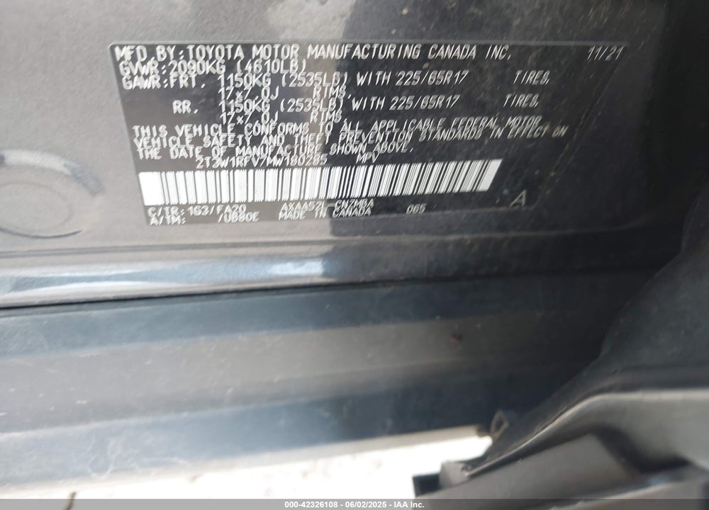 2021 TOYOTA RAV4 VIN: 2T3W1RFV7MW180285