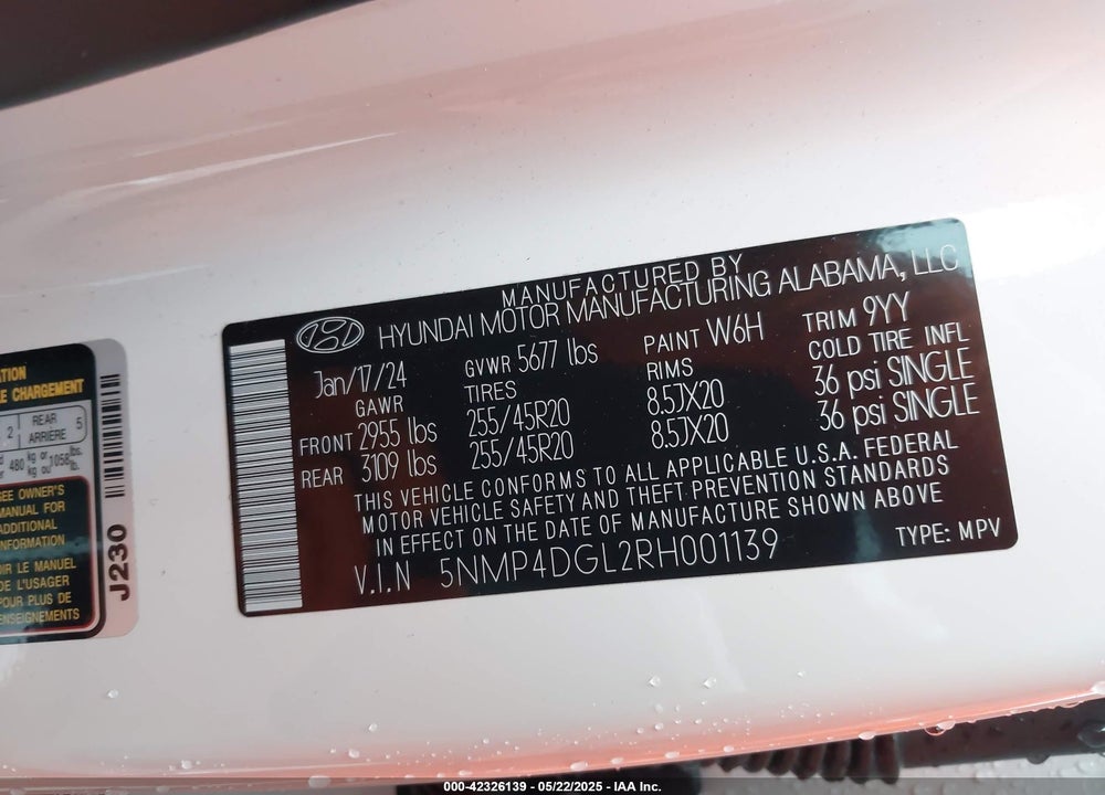 2024 HYUNDAI SANTA FE LIMITED VIN: 5NMP4DGL2RH001139