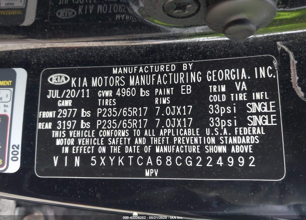 2012 KIA SORENTO LX VIN: 5XYKTCA68CG224992