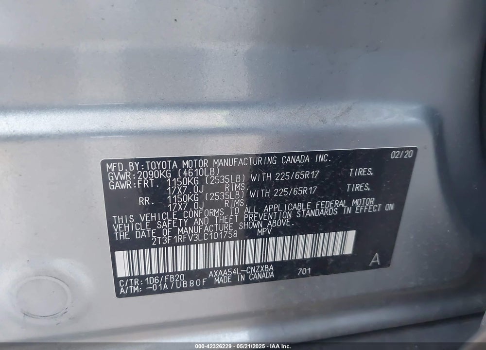 2020 TOYOTA RAV4 LE VIN: 2T3F1RFV3LC101758
