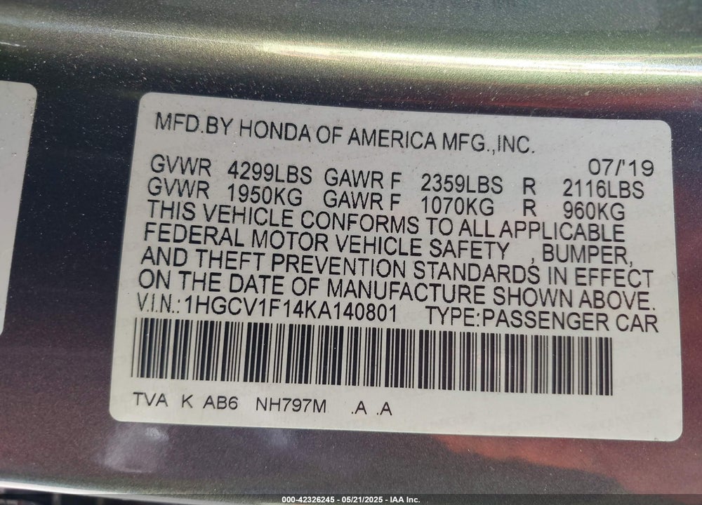 2019 HONDA ACCORD VIN: 1HGCV1F14KA140801