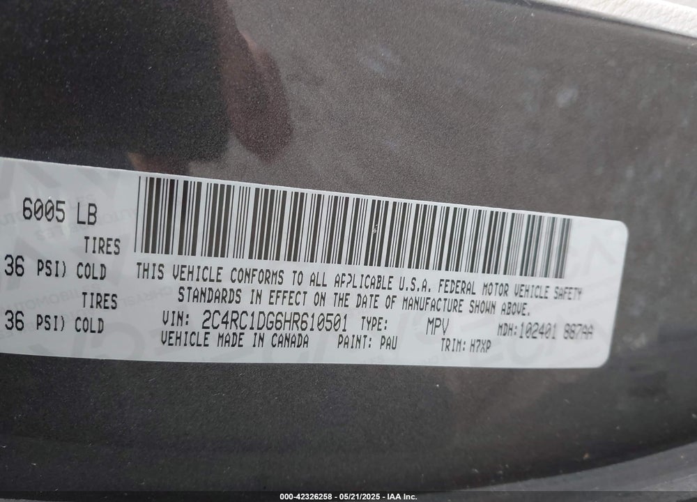 2017 CHRYSLER PACIFICA TOURING VIN: 2C4RC1DG6HR610501