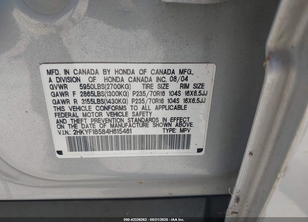 2004 HONDA PILOT EX-L VIN: 2HKYF18584H615461