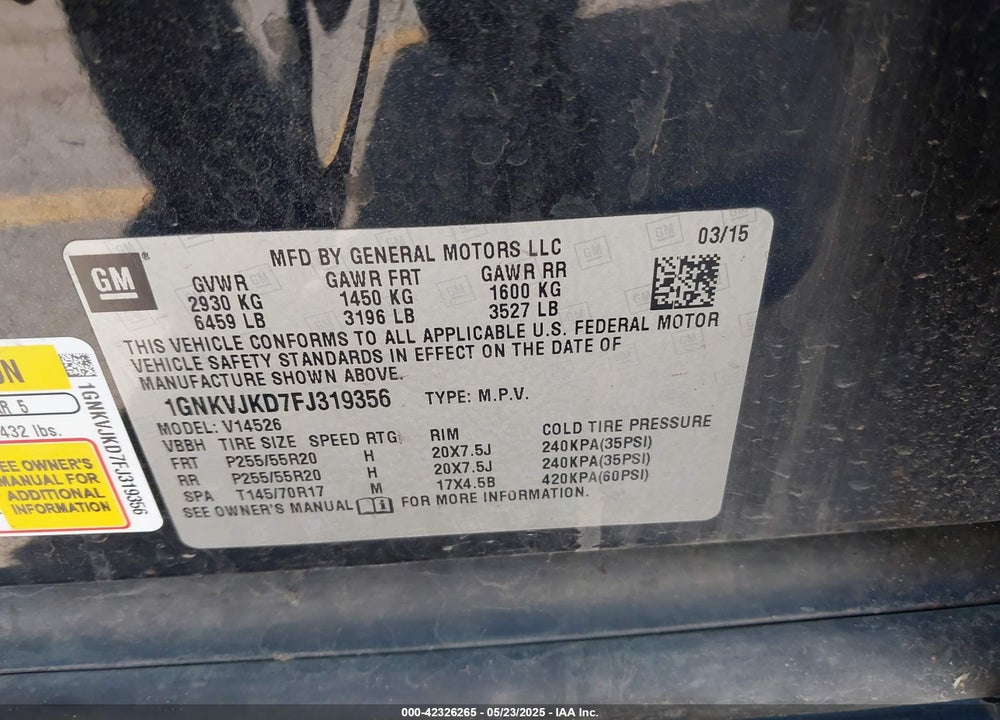 2015 CHEVROLET TRAVERSE LTZ VIN: 1GNKVJKD7FJ319356