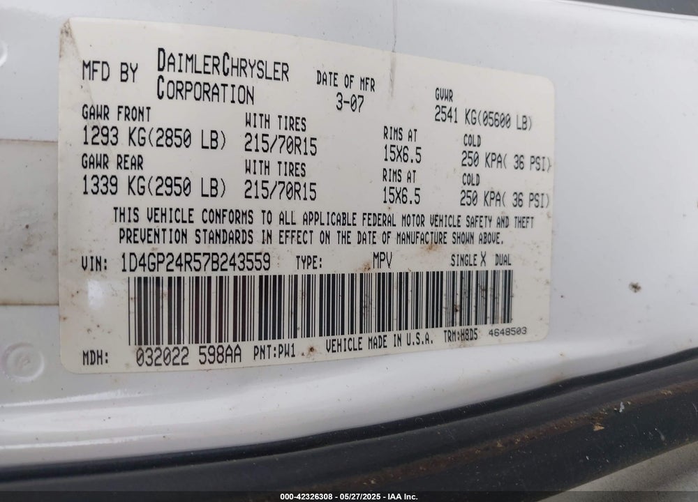 2007 DODGE GRAND CARAVAN VIN: 1D4GP24R57B243559
