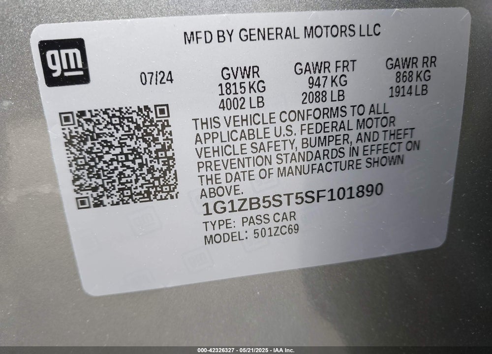 2025 CHEVROLET MALIBU FWD LS VIN: 1G1ZB5ST5SF101890