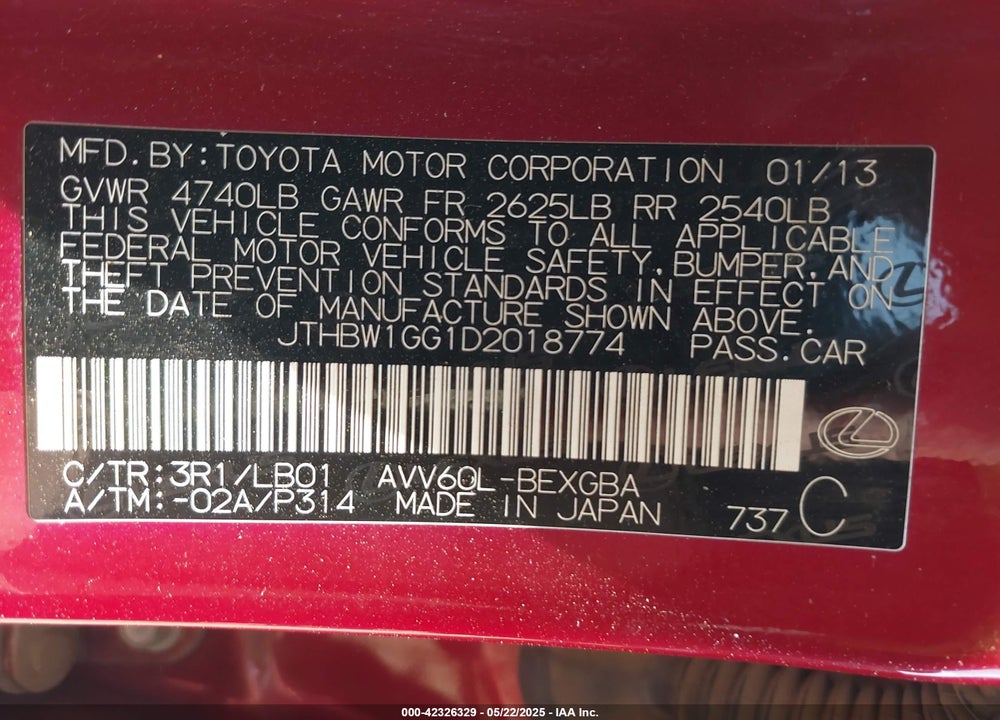 2013 LEXUS ES VIN: JTHBW1GG1D2018774