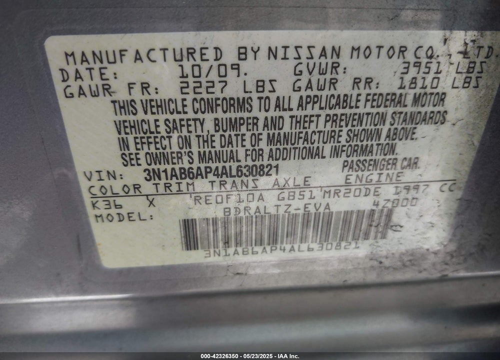 2010 NISSAN SENTRA VIN: 3N1AB6AP4AL630821