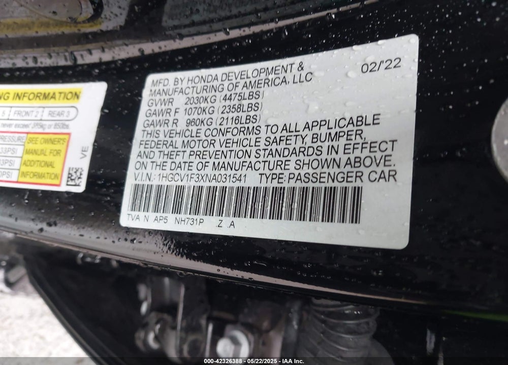 2022 HONDA ACCORD SPORT VIN: 1HGCV1F3XNA031541