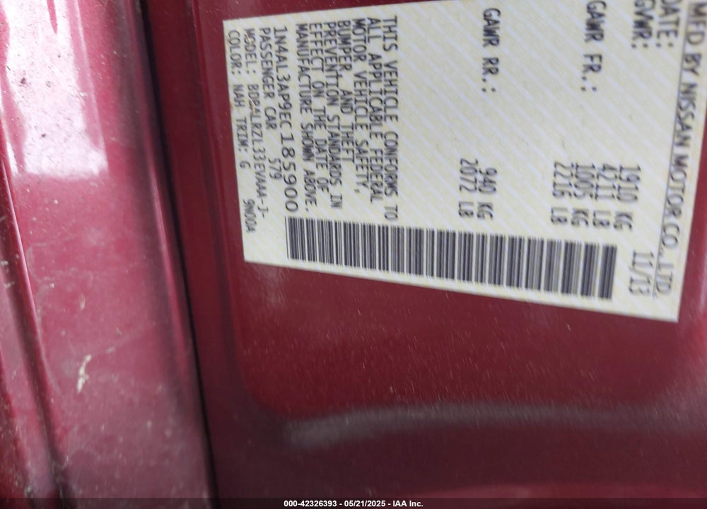 2014 NISSAN ALTIMA VIN: 1N4AL3AP9EC185900