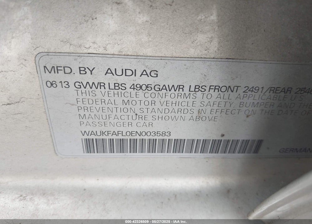 2014 AUDI A4 VIN: WAUKFAFL0EN003583