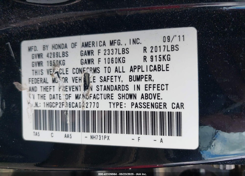 2012 HONDA ACCORD 2.4 LX VIN: 1HGCP2F36CA022770