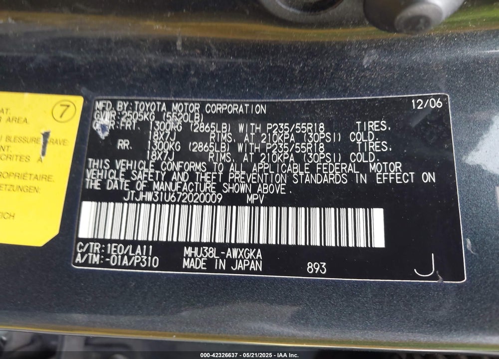 2007 LEXUS RX 400H VIN: JTJHW31U672020009