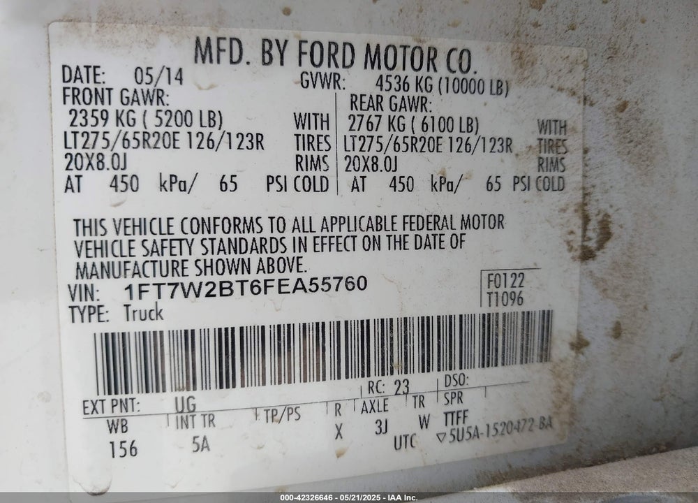 2015 FORD F-250 VIN: 1FT7W2BT6FEA55760