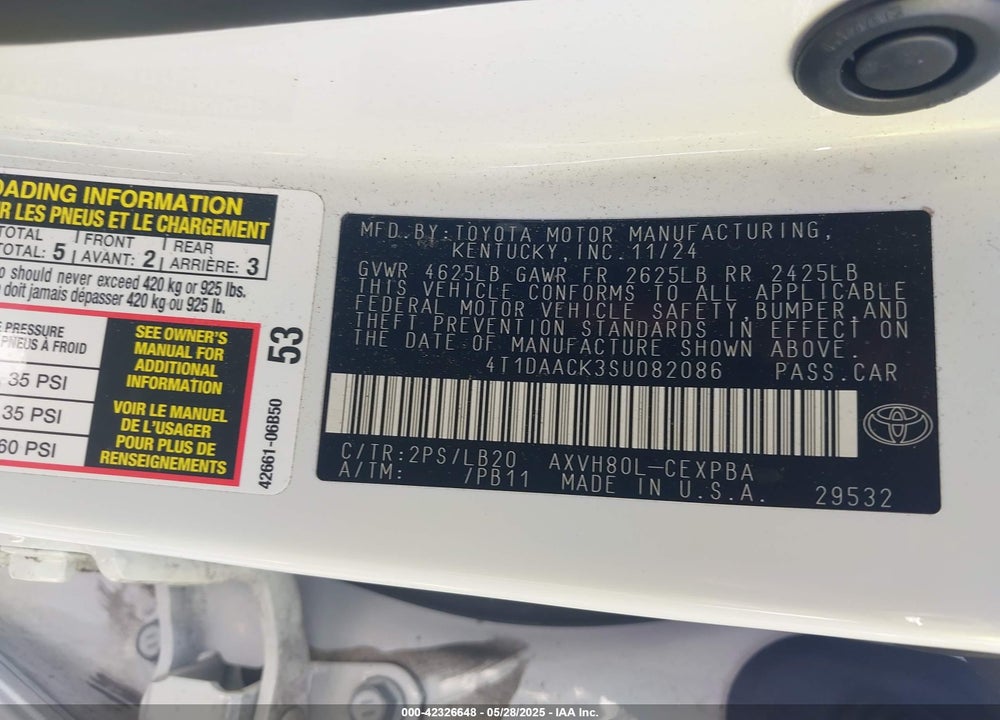 2025 TOYOTA CAMRY XSE VIN: 4T1DAACK3SU082086