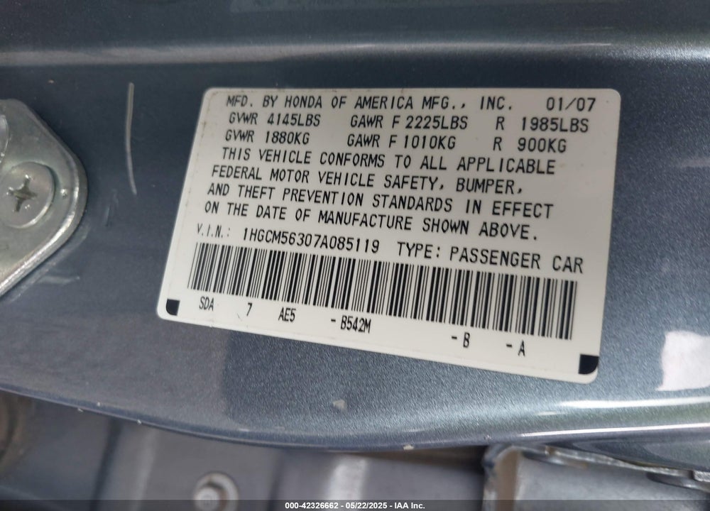 2007 HONDA ACCORD 2.4 SE VIN: 1HGCM56307A085119