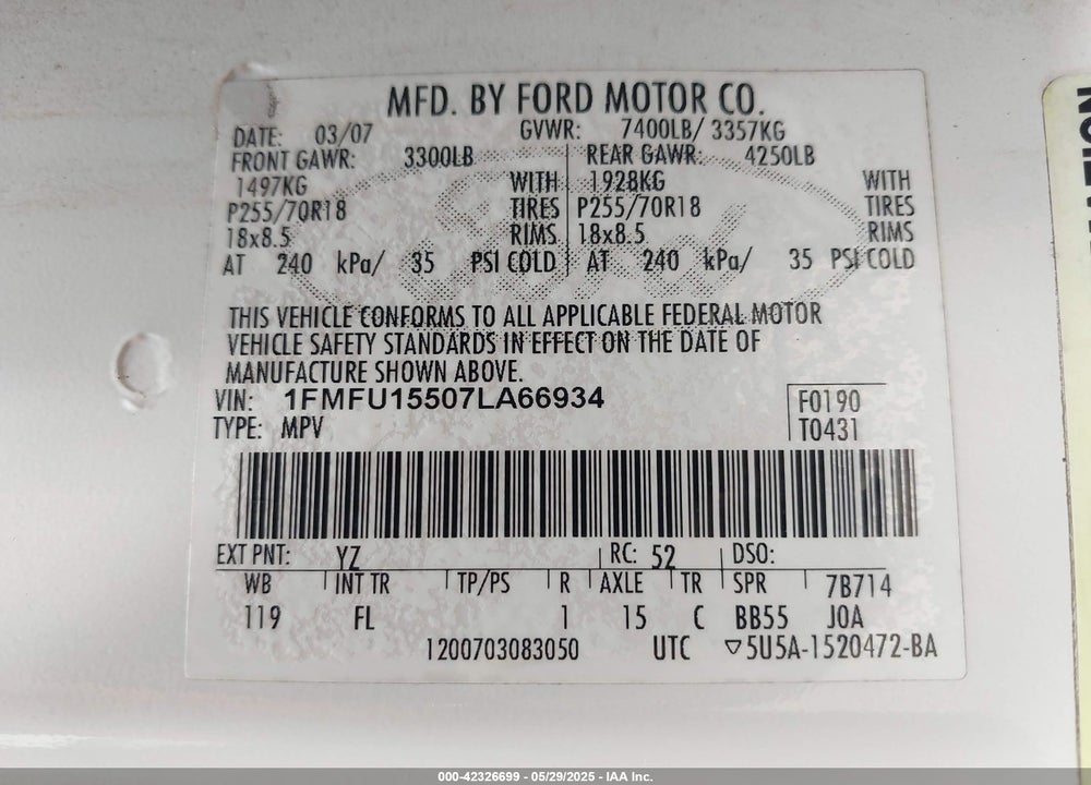 2007 FORD EXPEDITION XLT VIN: 1FMFU15507LA66934
