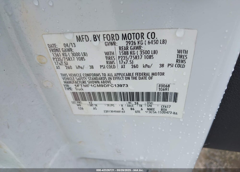 2013 FORD F-150 XL VIN: 1FTMF1CM9DFC13973