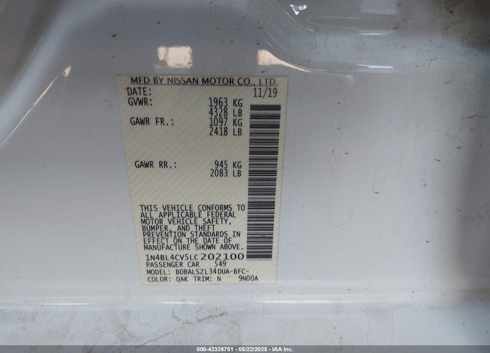2020 NISSAN ALTIMA VIN: 1N4BL4CV5LC202100