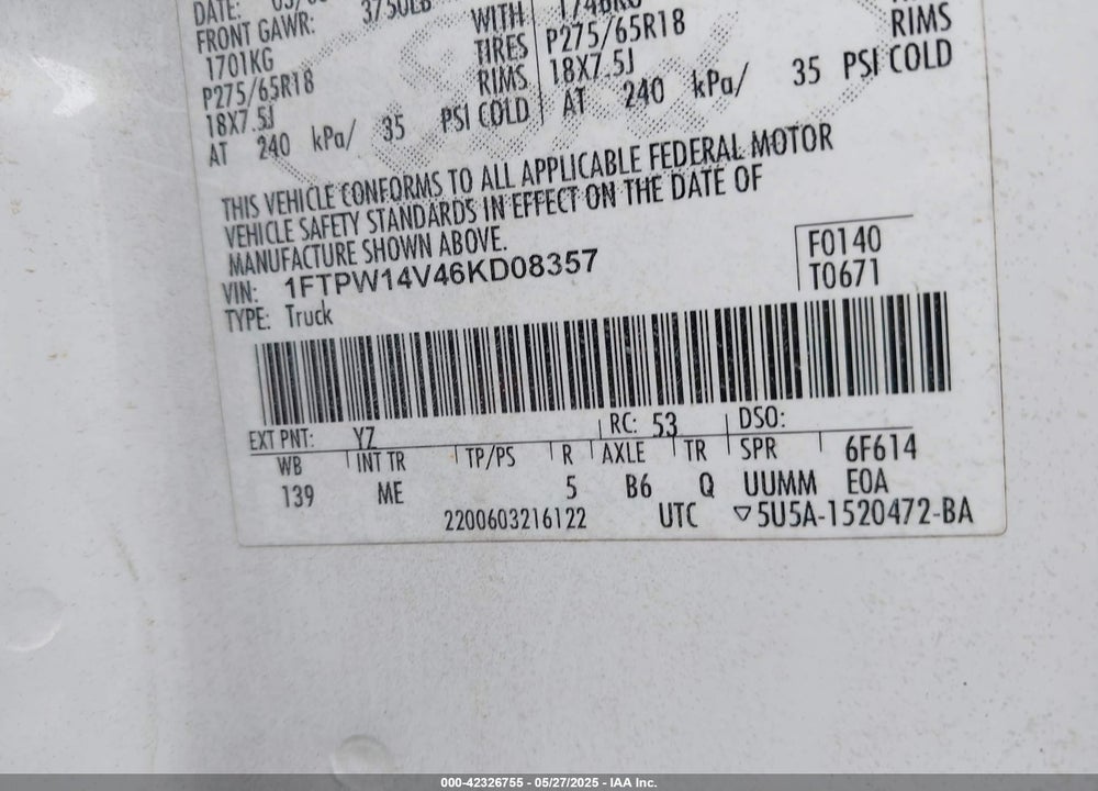 2006 FORD F-150 FX4/LARIAT/XLT VIN: 1FTPW14V46KD08357