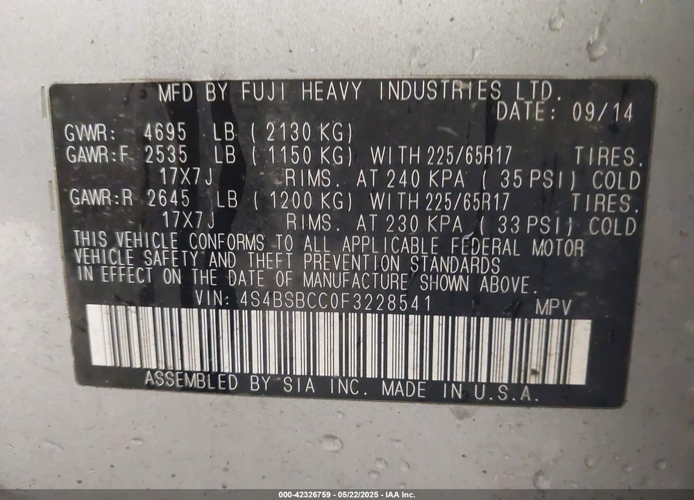 2015 SUBARU OUTBACK VIN: 4S4BSBCC0F3228541