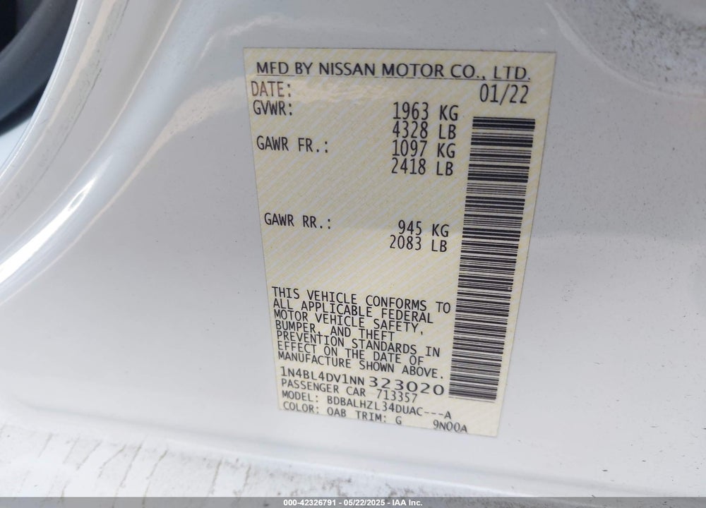 2022 NISSAN ALTIMA VIN: 1N4BL4DV1NN323020