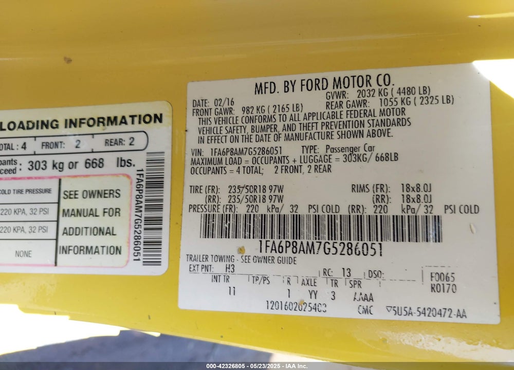 2016 FORD MUSTANG V6 VIN: 1FA6P8AM7G5286051