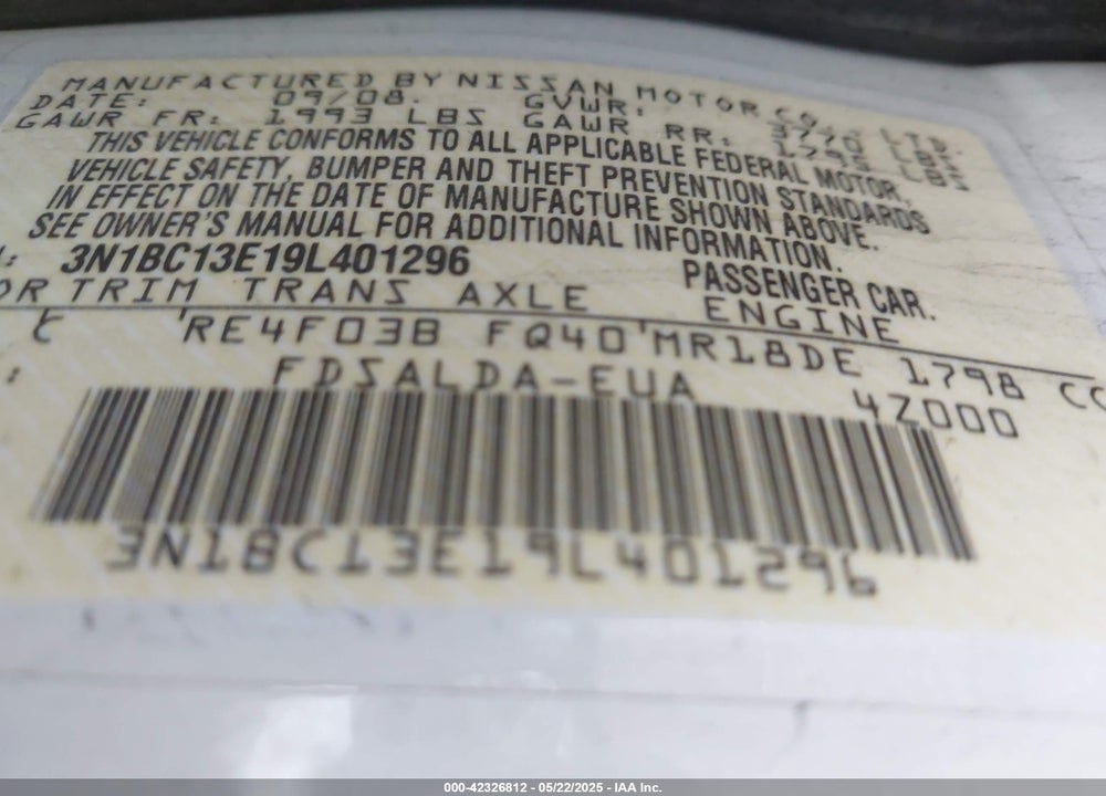 2009 NISSAN VERSA VIN: 3N1BC13E19L401296