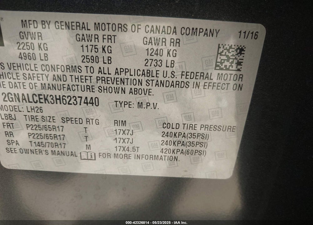 2017 CHEVROLET EQUINOX LT VIN: 2GNALCEK3H6237440
