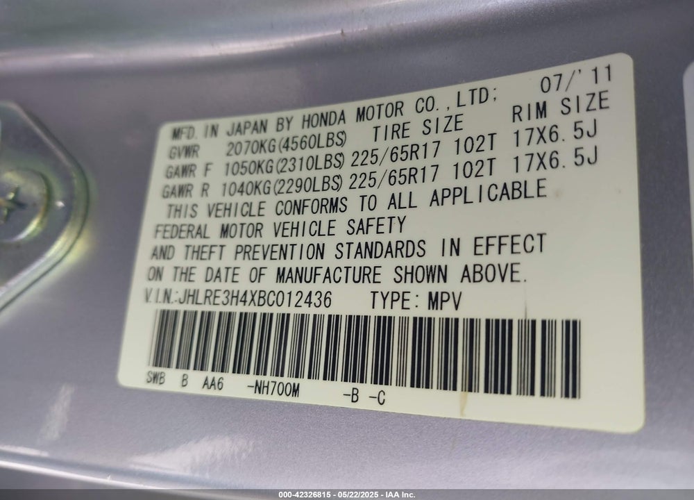 2011 HONDA CR-V SE VIN: JHLRE3H4XBC012436