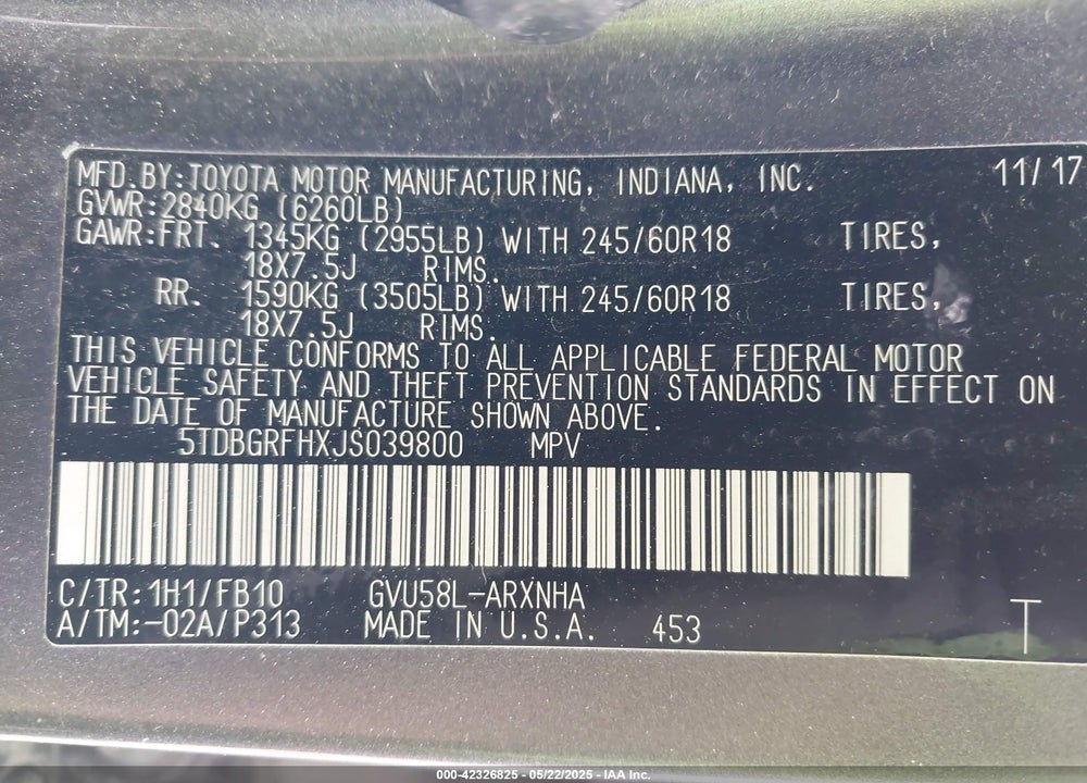 2018 TOYOTA HIGHLANDER VIN: 5TDBGRFHXJS039800