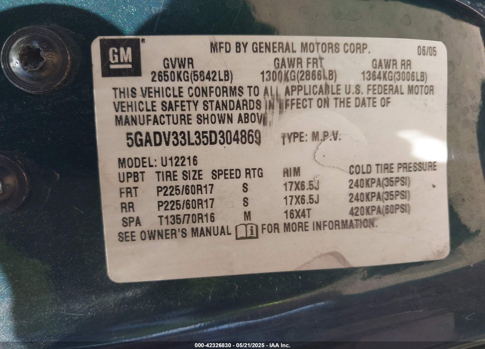 2005 BUICK TERRAZA VIN: 5GADV33L35D304869
