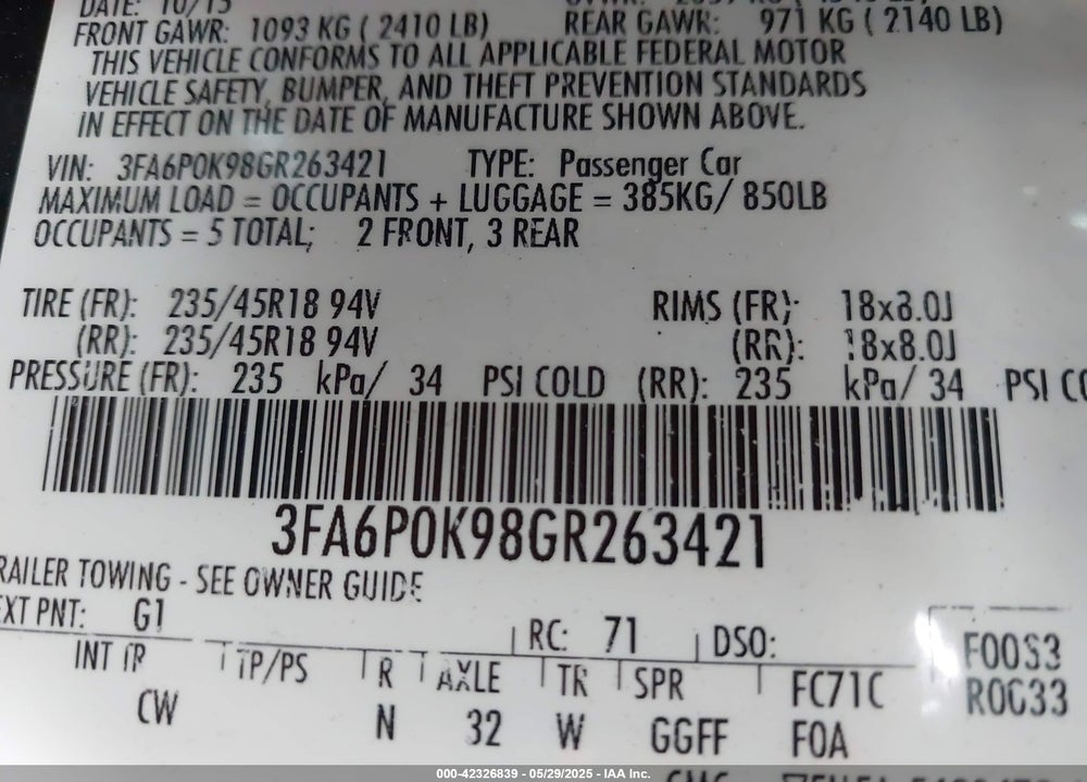 2016 FORD FUSION VIN: 3FA6P0K98GR263421