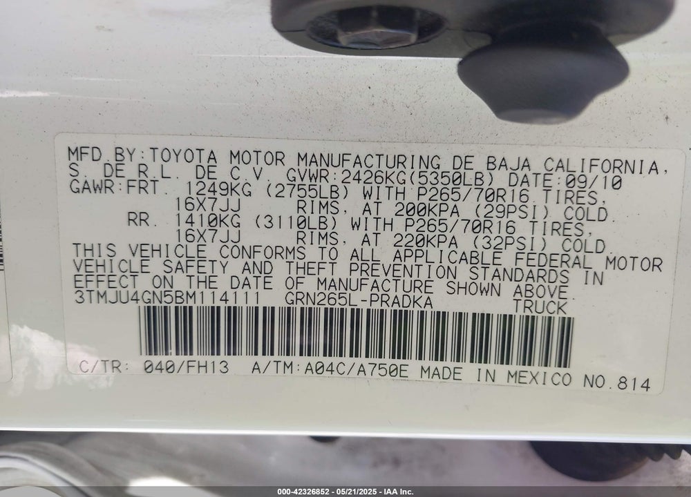 2011 TOYOTA TACOMA PRERUNNER V6 VIN: 3TMJU4GN5BM114111