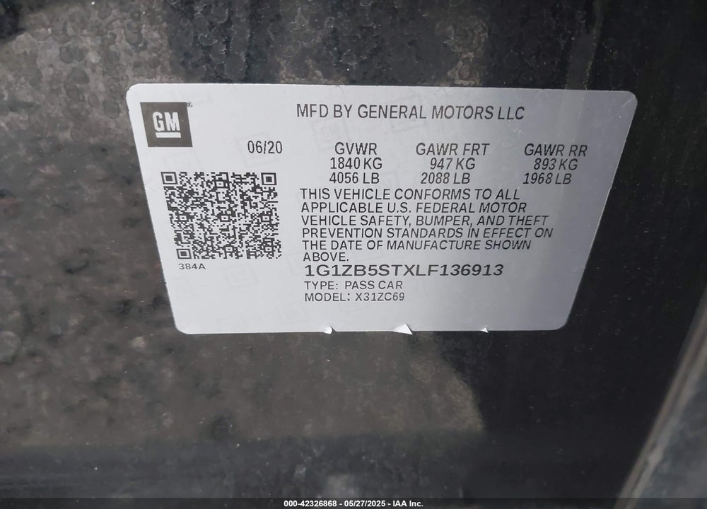 2020 CHEVROLET MALIBU VIN: 1G1ZB5STXLF136913