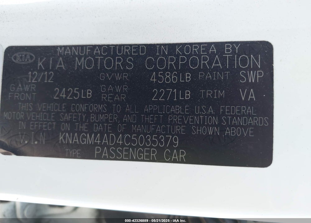 2012 KIA OPTIMA HYBRID EX VIN: KNAGM4AD4C5035379
