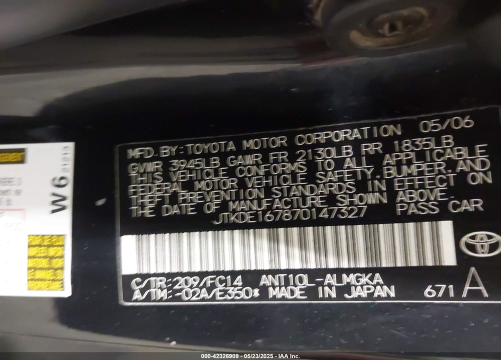 2007 SCION TC VIN: JTKDE167870147327