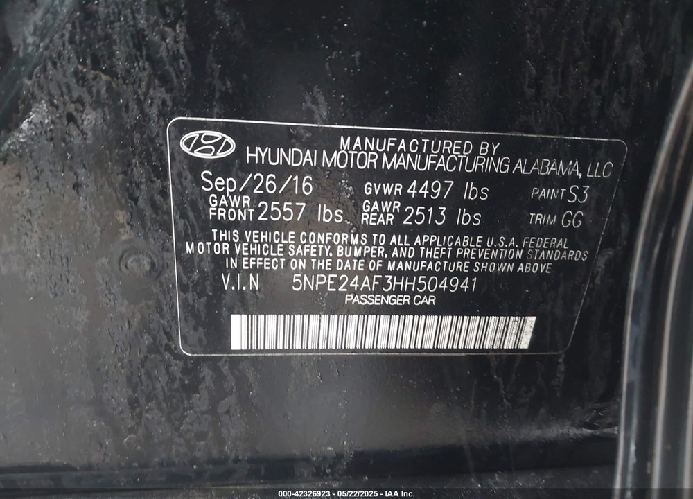 2017 HYUNDAI SONATA VIN: 5NPE24AF3HH504941