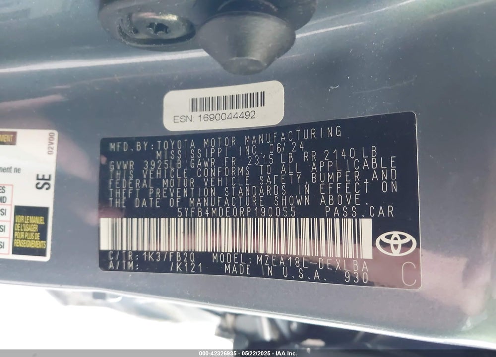 2024 TOYOTA COROLLA LE VIN: 5YFB4MDE0RP190055