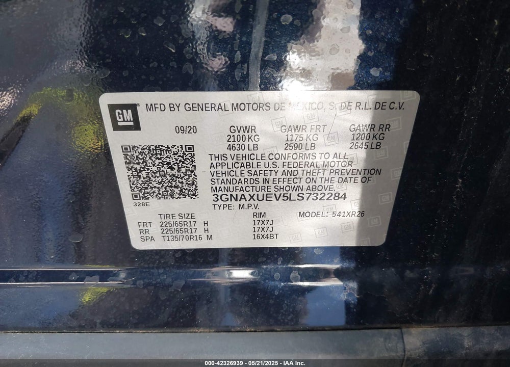 2020 CHEVROLET EQUINOX VIN: 3GNAXUEV5LS732284